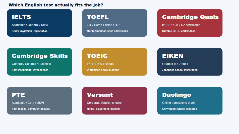 IELTS、TOEFL、Cambridge、TOEIC、英検、PTE、Versant、Duolingoの比較図