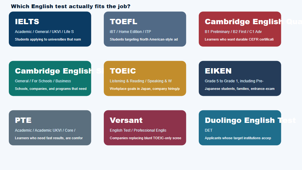 TOEIC、IELTS、TOEFL、英検、PTE等の用途比較