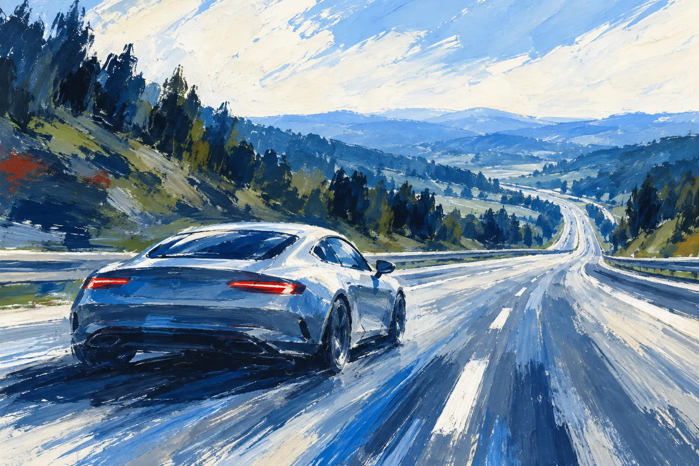 青い筆づかいで描く、アウトバーンを走る車と広がるドイツの風景