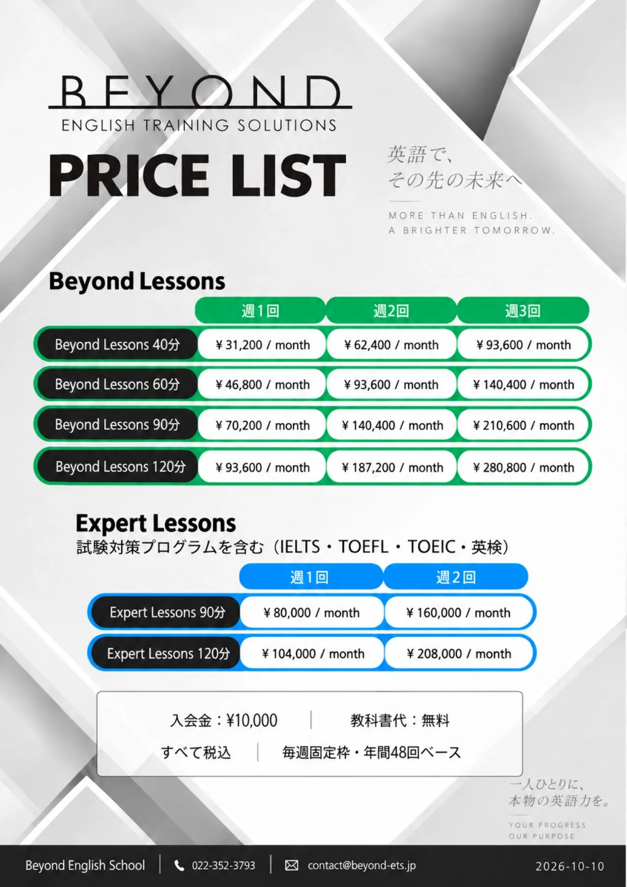 2026年10月版：Beyond LessonsとExpert Lessonsの税込月額料金表