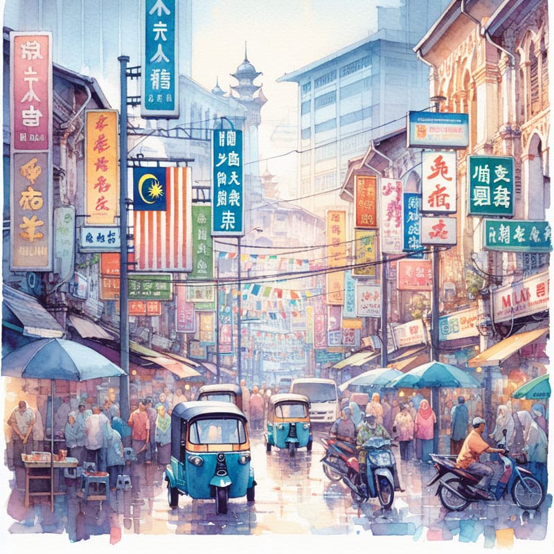 賑やかなマレーシアの都市の風景を描いたイラスト